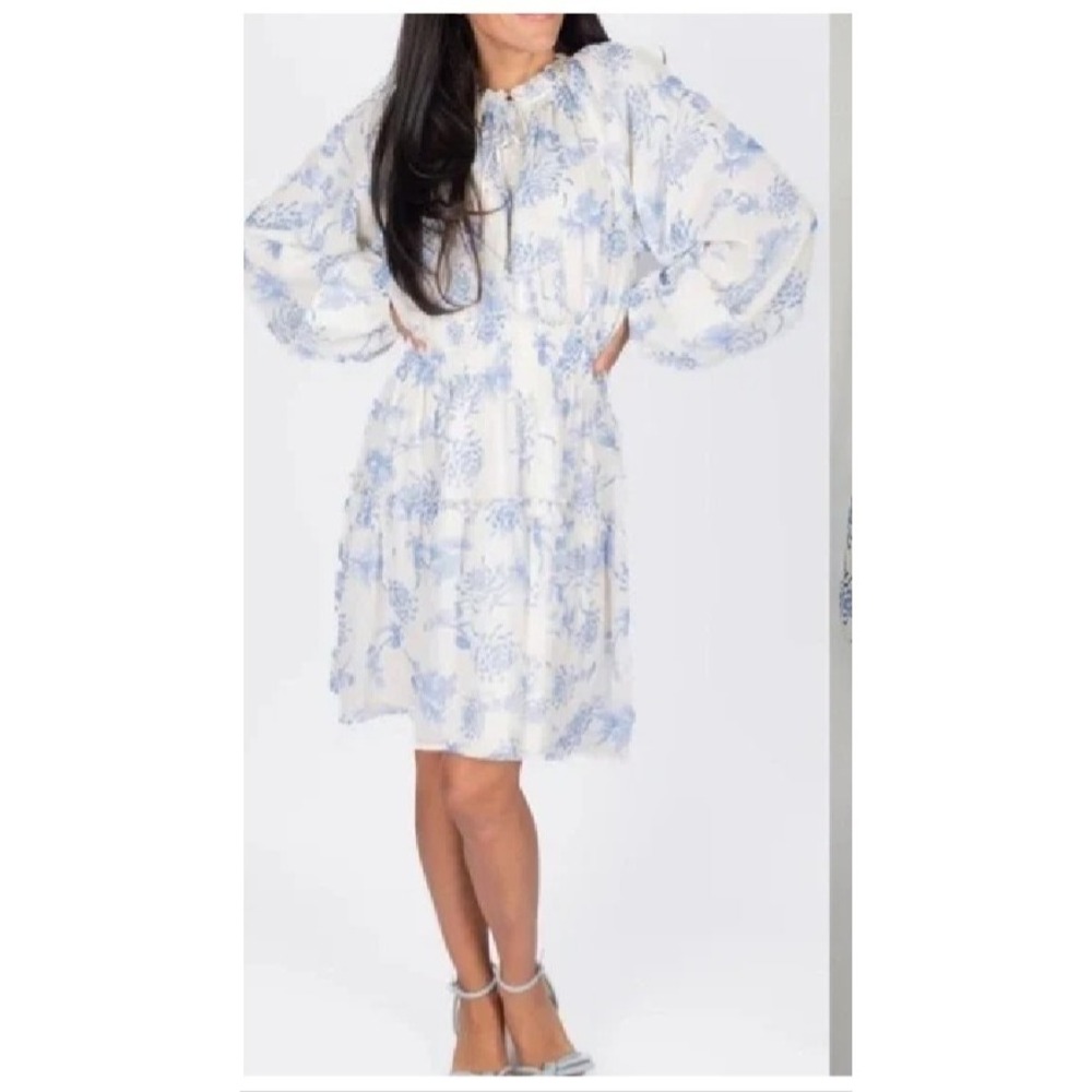 YAKIRA BELLA WHITE BLUE FLORAL ROMANTIC ROSALINA DRESS  LONG  SLEEVE XL NWT